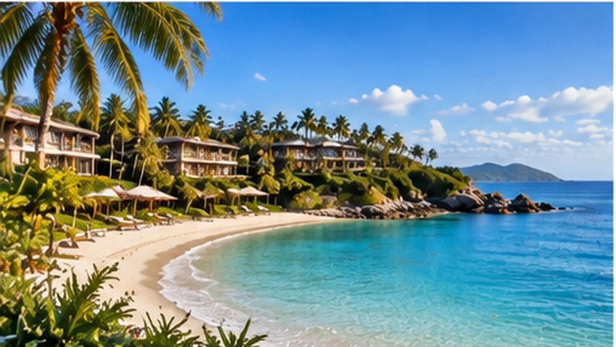 Vacation club beach resort accommodation with palm trees and clear blue water