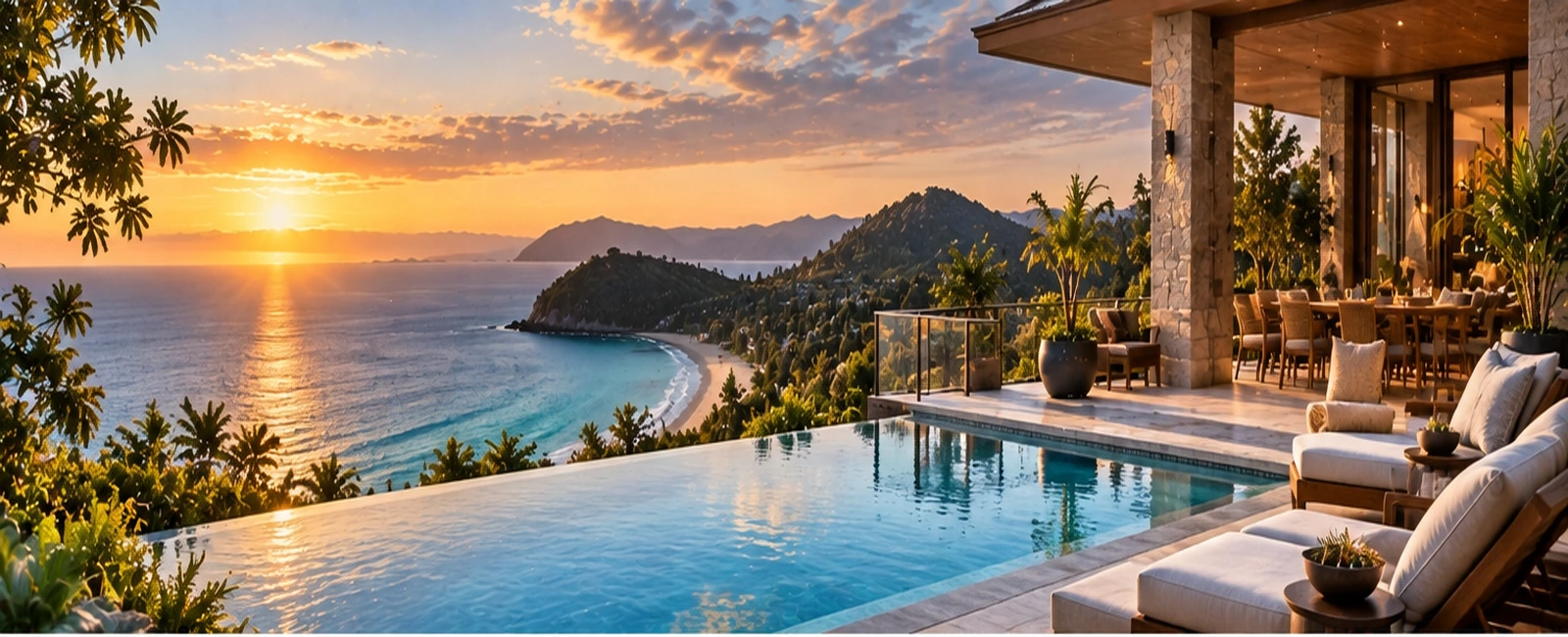 Accor Hotels vacation club resort accommodation with infinity pool and coastal sunset