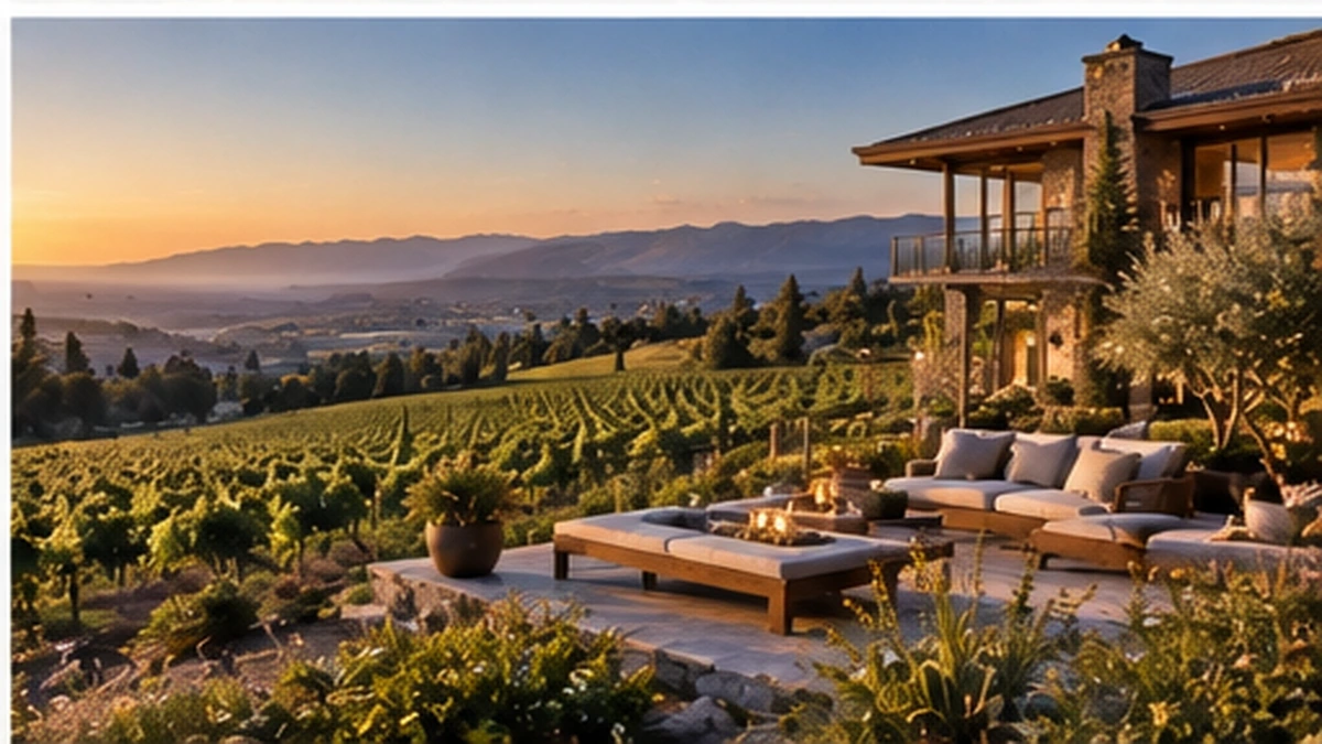 Vacation resort membership escape overlooking vineyards at sunset