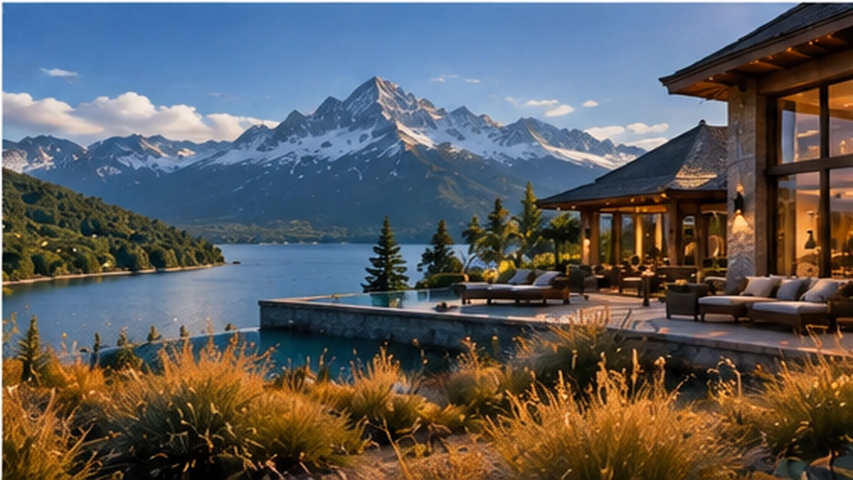 Vacation ownership resort overlooking an alpine lake and mountains