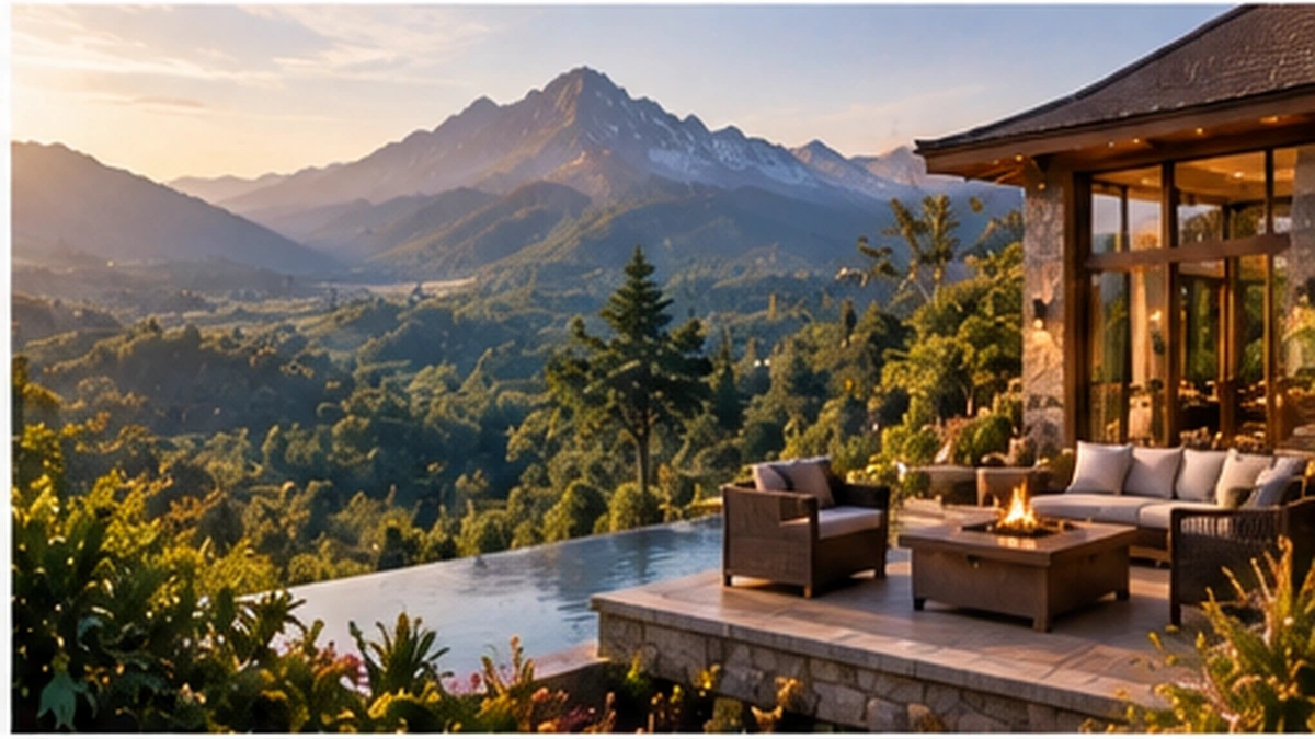 Membership vacation club retreat with lush gardens and mountain scenery