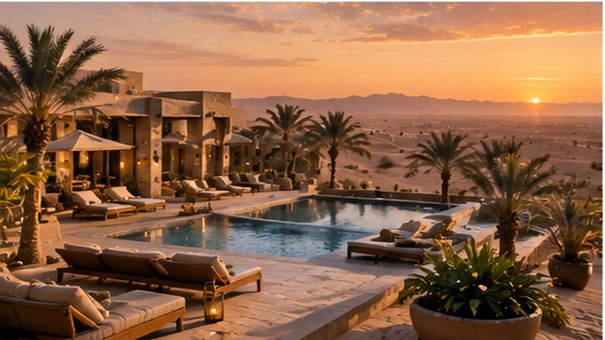 Luxury vacation resort with desert sunset, palms and pool