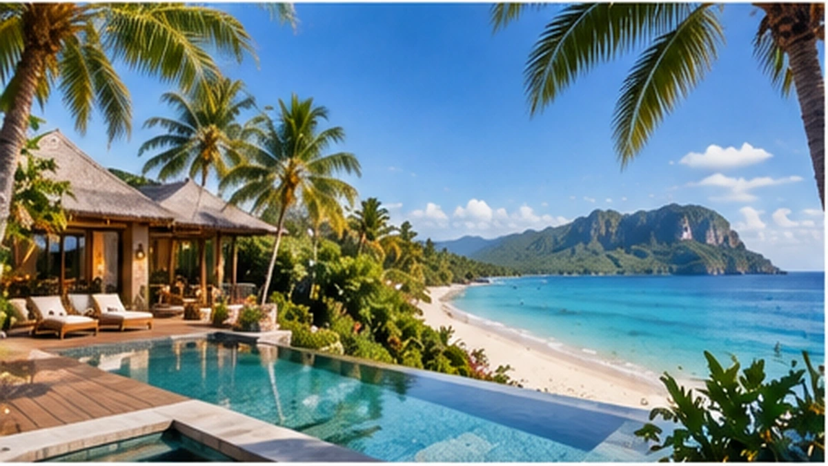 Vacation club resort pool beside a tropical Phuket-style beach