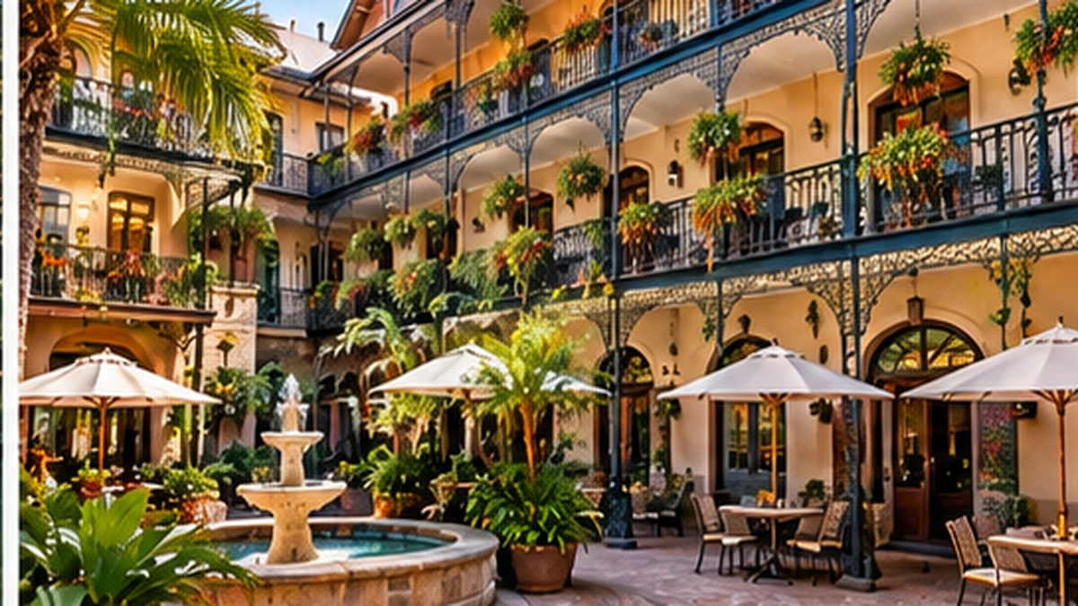 Vacation resort courtyard with historic architecture and tropical landscaping