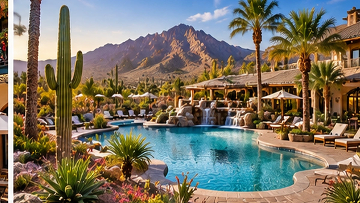 Vacation club resort with desert pool palms cactus and mountain scenery