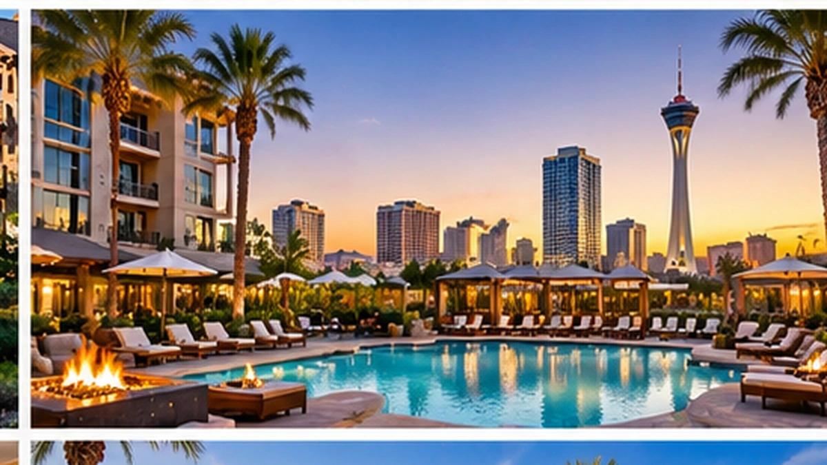 Bluegreen Vacations resort pool near the Las Vegas skyline