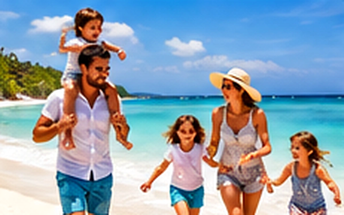 Family walking together on a tropical beach during celebrations travel