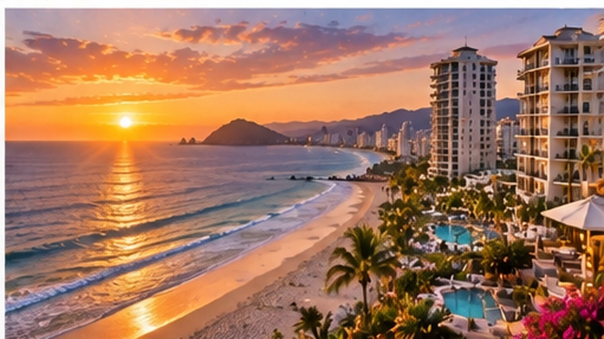 Hotel El Cid beachfront resort overlooking Mazatlán at sunset
