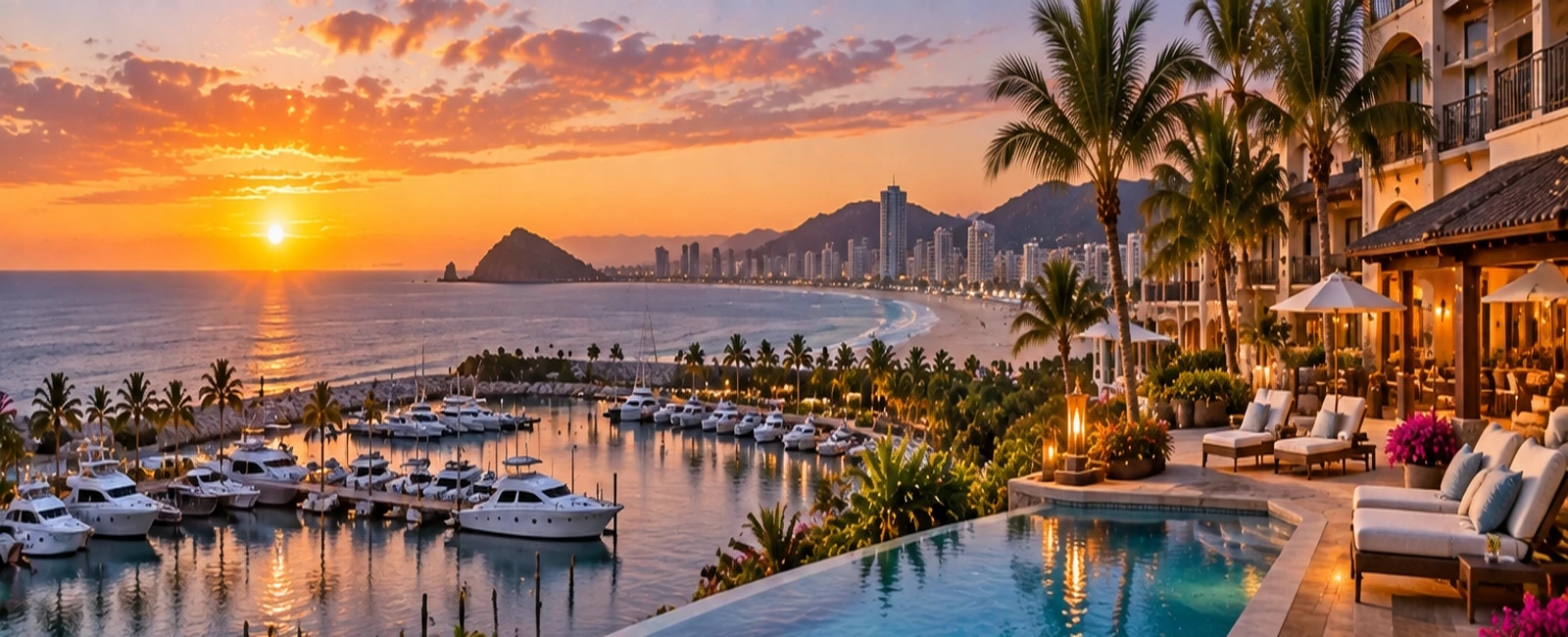 El Cid resorts marina vacation resort overlooking the Pacific coast at sunset