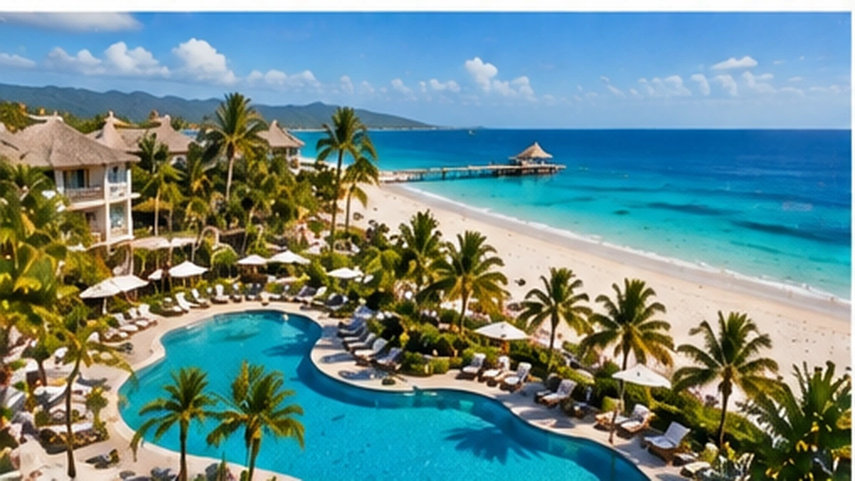 All inclusive resort with turquoise Caribbean beach, tropical pool and palms
