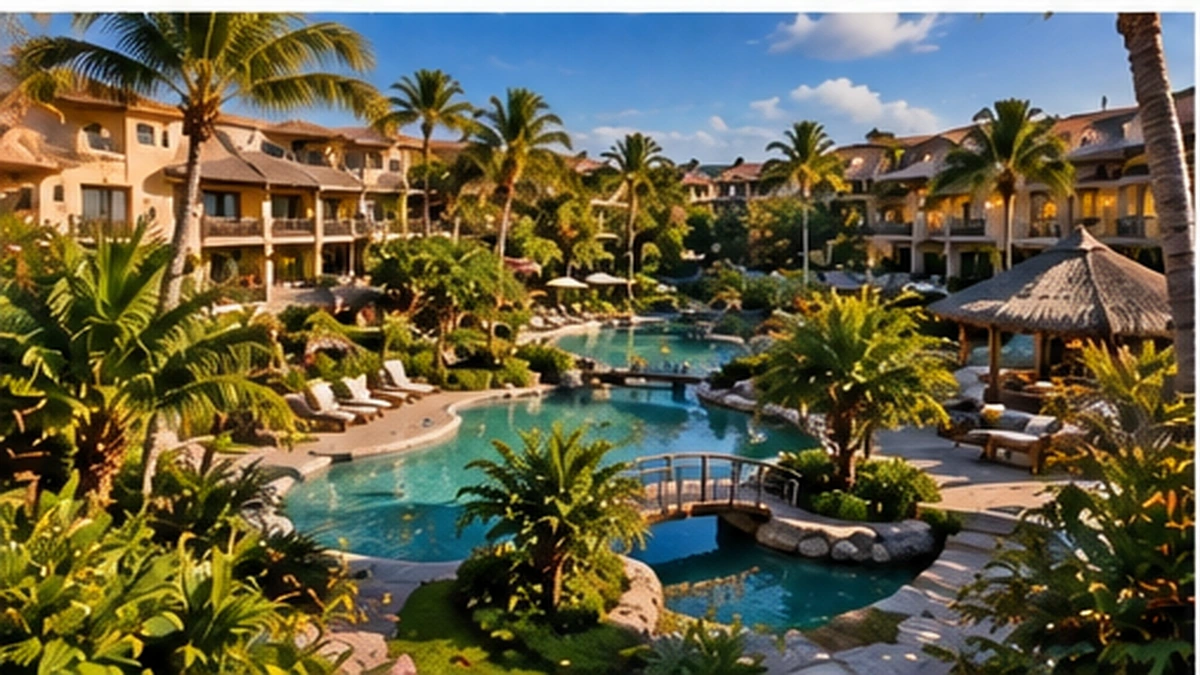 Luxury all inclusive vacation resort with lush tropical pools and gardens