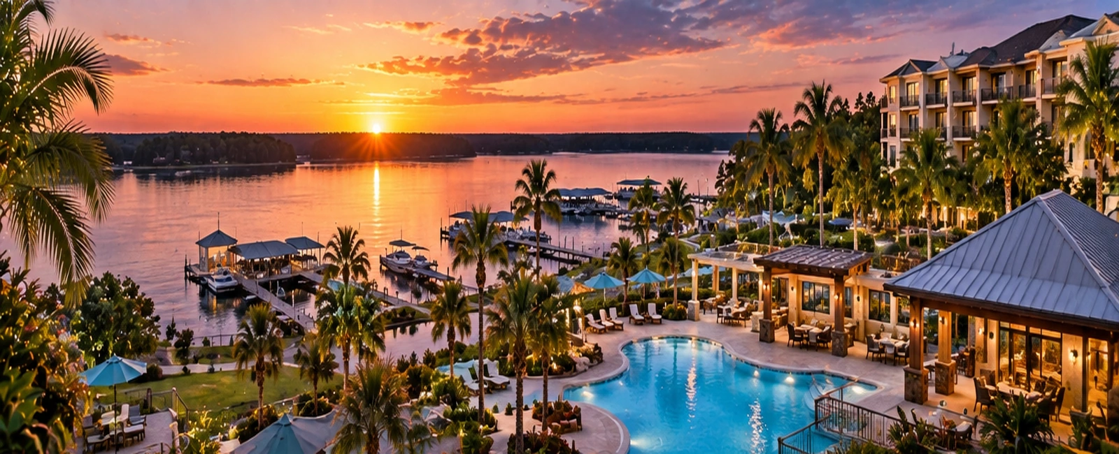Exploria Resorts Orlando vacation resort with lake marina pools and tropical landscaping at sunset