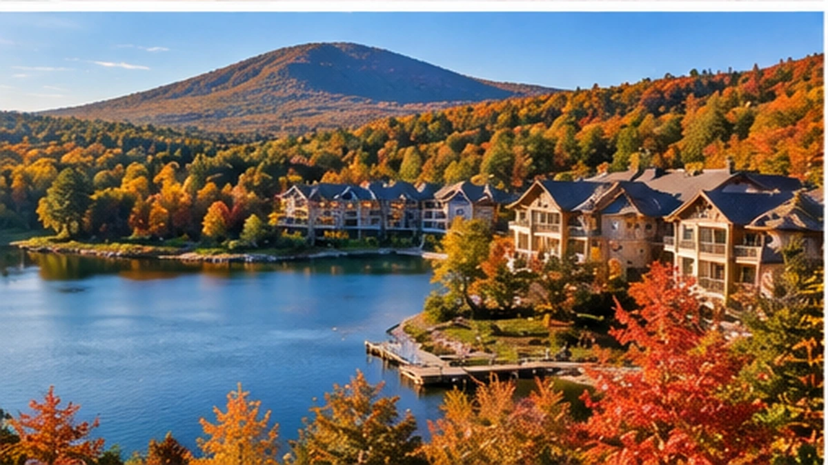 Membership vacation club resort beside a scenic autumn mountain lake