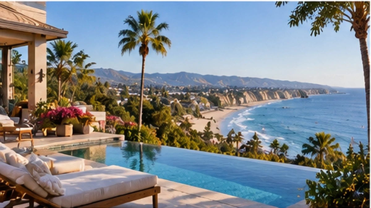 Luxury Southern California coastal residence with palm trees and ocean views