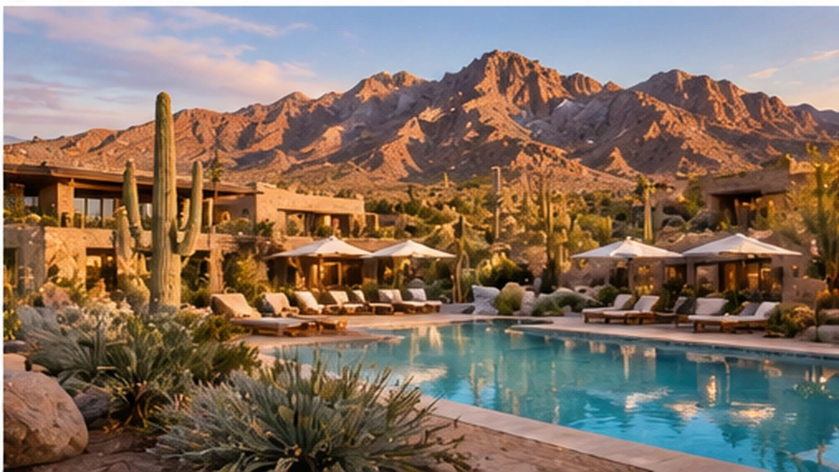 Luxury desert residence with pool, cacti and mountain scenery