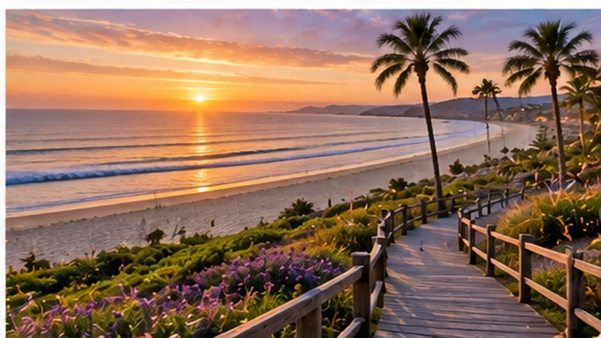 Beach vacation resort beside the Pacific Ocean at sunset