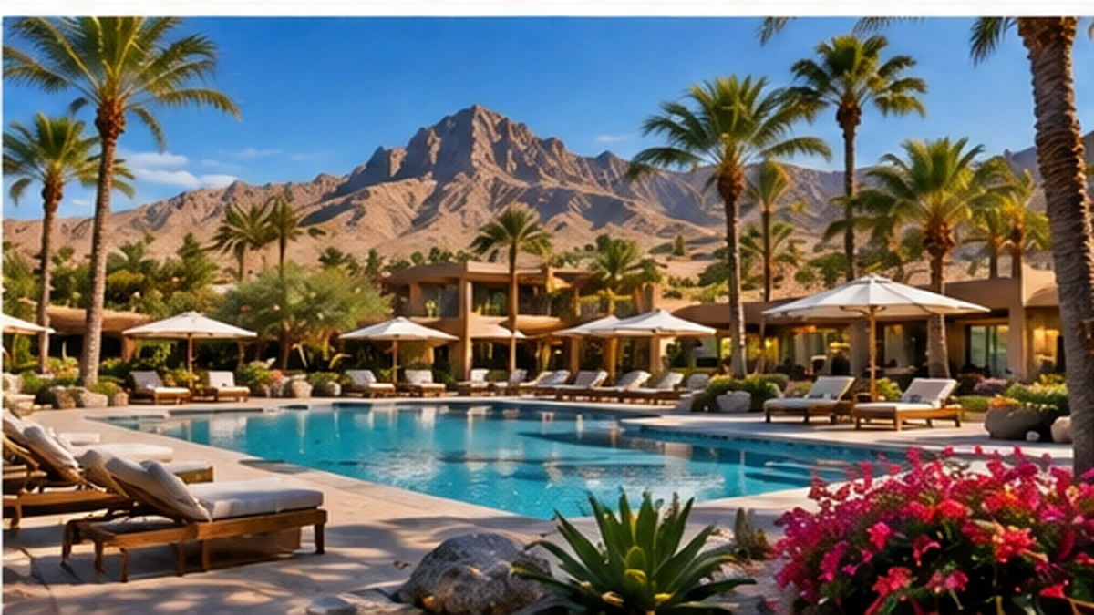 Vacation resort with pool palms and desert mountain scenery