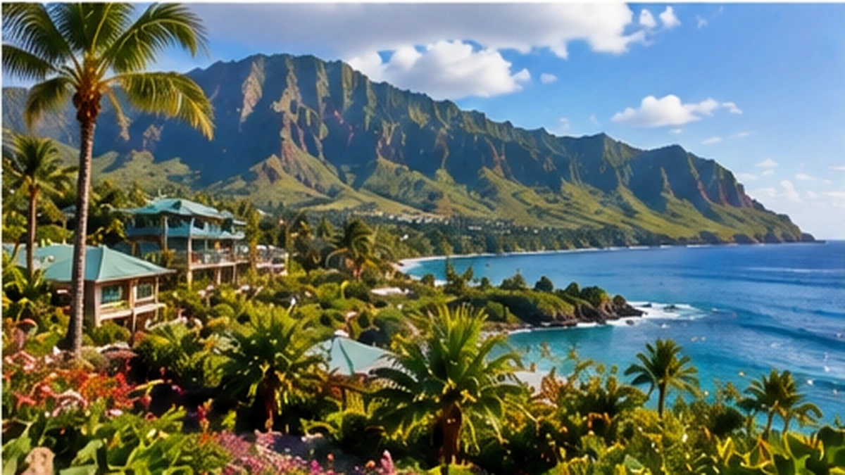 Hawaii vacation resort surrounded by tropical gardens and dramatic island mountains