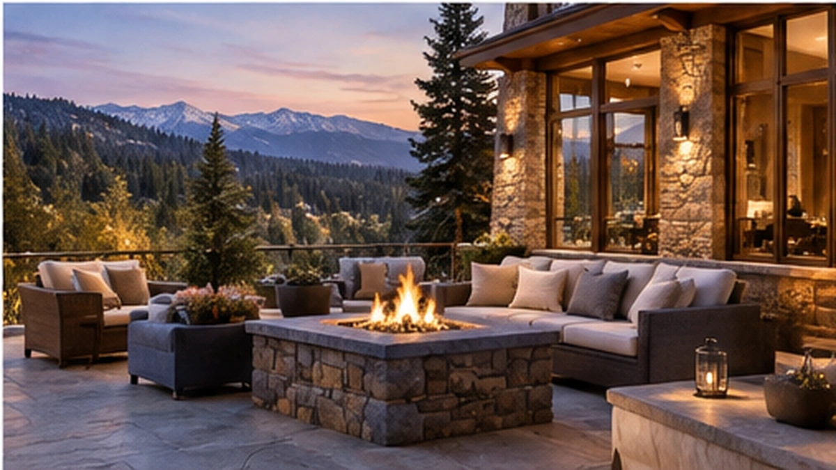 Luxury mountain residence with fireside terrace and Colorado peaks