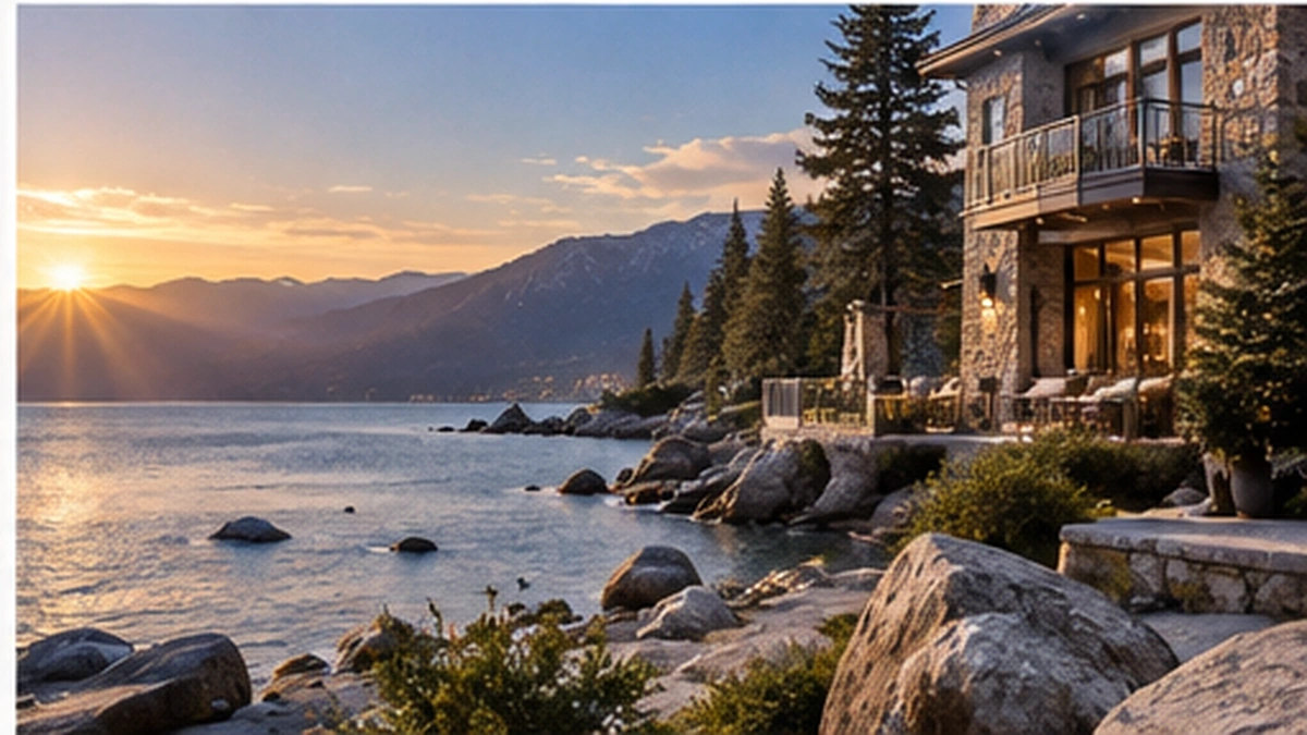 Luxury lakeside vacation residence at sunset with mountain views
